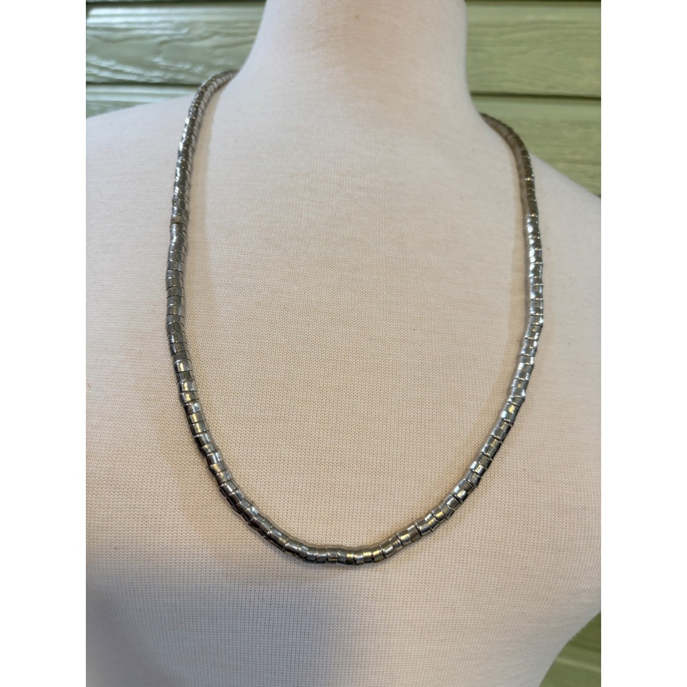 Vintage Liquid Silver Cylindrical Bead Necklace 24 Inch Minimalist Metallic